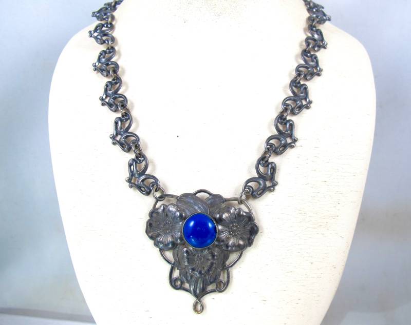 Jugendstil Lapisglas Kette Antik Silber Schmetterling Schmuck von TonettesTreasures
