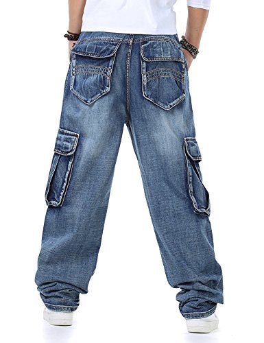 Männer Baggy Hip Hop Jeans Plus Größe 30-46 Multi Taschen Skateboard Cargo Jeans für Männer Taktische Denim Jogger Blau 38 von TongCart