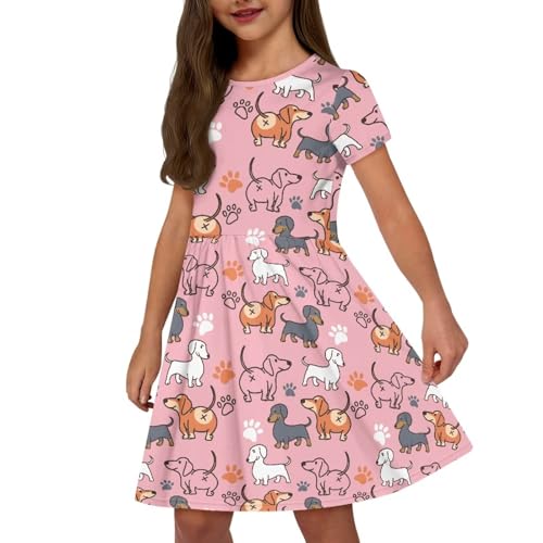 Tongluoye Kurzärmeliges Mädchenkleider mit Taschen, niedliche Kleider für Mädchen von 3–16 Jahren, Süßer Dackel-Hund, 9-10 von Tongluoye