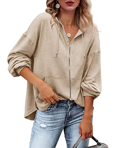 Damen Kapuzenpullover Hoodie Sweatshirt mit Kapuze Kapuzenjacke Oberteile Zip Up Casual Langarm-Shirts für Frauen Sweatjacke Tops mit Tasche Aprikose XXL von Tongmingyun