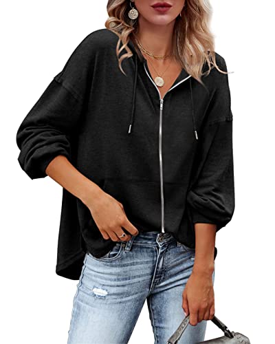 Damen Kapuzenpullover Hoodie Sweatshirt mit Kapuze Kapuzenjacke Oberteile Zip Up Casual Langarm-Shirts für Frauen Sweatjacke Tops mit Tasche Schwarz S von Tongmingyun