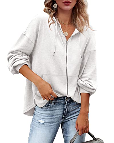 Damen Kapuzenpullover Hoodie Sweatshirt mit Kapuze Kapuzenjacke Oberteile Zip Up Casual Langarm-Shirts für Frauen Sweatjacke Tops mit Tasche Weiß XL von Tongmingyun