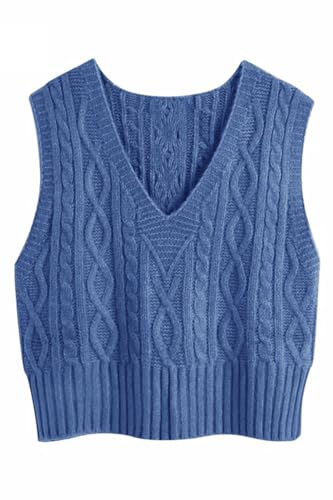 Pullunder Damen Ärmellos V-Ausschnitt Strickweste Pullover Elegant Strickpullover Strickpulli Casual Damen Herbst Winterpullover Sweater Vest Blau XL von Tongmingyun