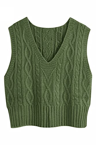 Pullunder Damen Ärmellos V-Ausschnitt Strickweste Pullover Elegant Strickpullover Strickpulli Casual Damen Herbst Winterpullover Sweater Vest Grün L von Tongmingyun