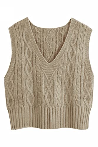 Pullunder Damen Ärmellos V-Ausschnitt Strickweste Pullover Elegant Strickpullover Strickpulli Casual Damen Herbst Winterpullover Sweater Vest Khaki S von Tongmingyun