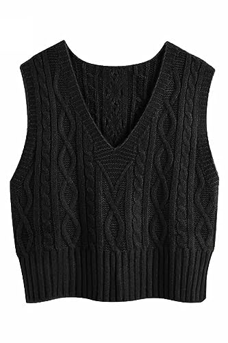 Pullunder Damen Ärmellos V-Ausschnitt Strickweste Pullover Elegant Strickpullover Strickpulli Casual Damen Herbst Winterpullover Sweater Vest Schwarz S von Tongmingyun