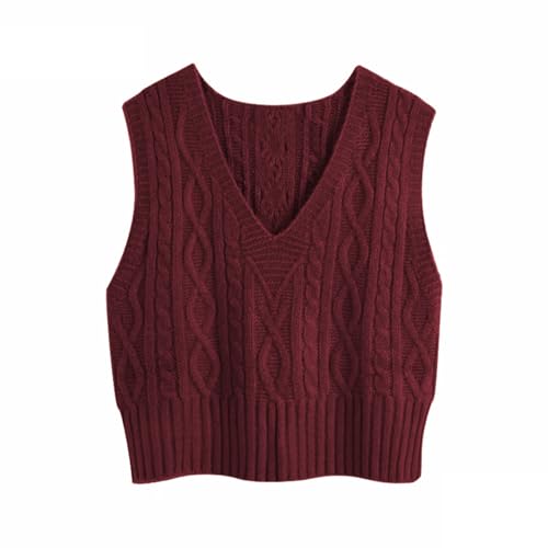 Pullunder Damen Ärmellos V-Ausschnitt Strickweste Pullover Elegant Strickpullover Strickpulli Casual Damen Herbst Winterpullover Sweater Vest Weinrot XL von Tongmingyun
