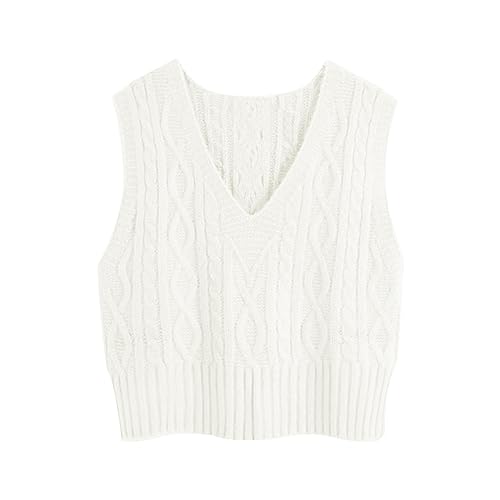 Pullunder Damen Ärmellos V-Ausschnitt Strickweste Pullover Elegant Strickpullover Strickpulli Casual Damen Herbst Winterpullover Sweater Vest Weiß XXL von Tongmingyun