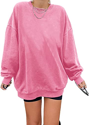 Sweatshirt Damen Los Angeles Pullover Oversized Langarmshirt Rundhals Pulli Basic Loose Tops Ohne Kapuze Teenager Vintage Oberteile Shirts Rosa XL von Tongmingyun