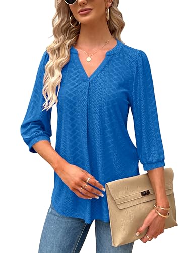 Tongmingyun Bluse Damen Elegant V-Ausschnitt 3/4 Ärmel Oberteile Lässige Tunika Shirt Casual Tshirt Solide Tops für Sommer Blau M von Tongmingyun