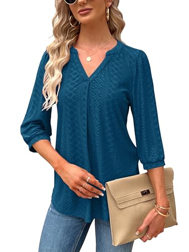 Tongmingyun Bluse Damen Elegant V-Ausschnitt 3/4 Ärmel Oberteile Lässige Tunika Shirt Casual Tshirt Solide Tops für Sommer Marineblau M von Tongmingyun