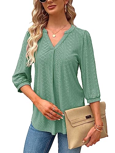 Tongmingyun Bluse Damen Elegant V-Ausschnitt 3/4 Ärmel Oberteile Lässige Tunika Shirt Casual Tshirt Solide Tops für Sommer Hellgrün M von Tongmingyun