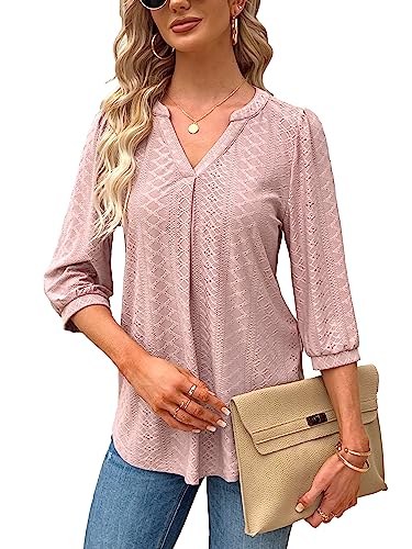 Tongmingyun Bluse Damen Elegant V-Ausschnitt 3/4 Ärmel Oberteile Lässige Tunika Shirt Casual Tshirt Solide Tops für Sommer Rosa S von Tongmingyun