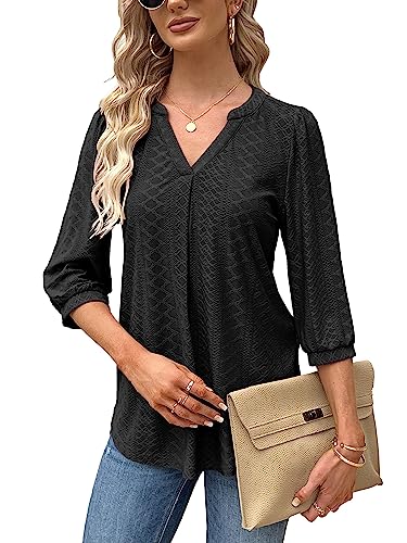 Tongmingyun Bluse Damen Elegant V-Ausschnitt 3/4 Ärmel Oberteile Lässige Tunika Shirt Casual Tshirt Solide Tops für Sommer Schwarz L von Tongmingyun