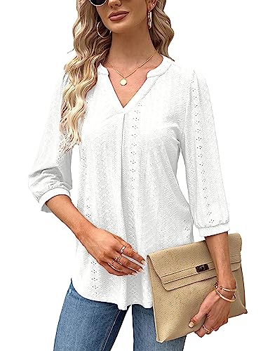 Tongmingyun Bluse Damen Elegant V-Ausschnitt 3/4 Ärmel Oberteile Lässige Tunika Shirt Casual Tshirt Solide Tops für Sommer Weiß L von Tongmingyun