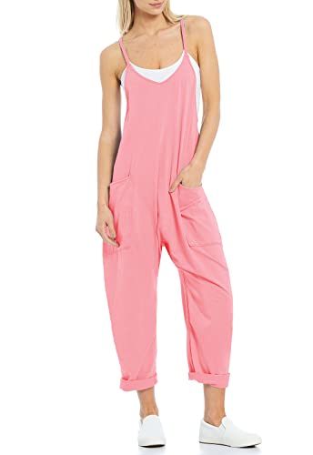 Tongmingyun Damen Casual Ärmellose Jumpsuits Spaghettiträger Lose Strampler Lange Hose mit Taschen, rose, X-Large von Tongmingyun