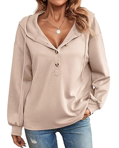 Tongmingyun Kapuzenpullover Damen Hoodie Langarm V-Ausschnitt Pullover Knopfleiste Henley Sweatshirt mit Kapuze Kordelzug Oberteil für den Herbst Khaki S von Tongmingyun