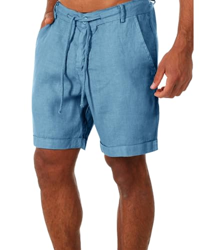 Tongmingyun Kurze Hosen Herren Leinen Bermuda Hose Casual Classic Shorts Elastische Taille Sommer Strand Leichtes Brett Slim-Fit mit Taschen Blau 2XL von Tongmingyun