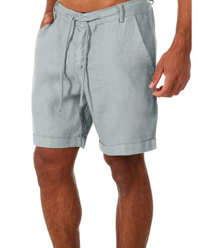 Tongmingyun Kurze Hosen Herren Leinen Bermuda Hose Casual Classic Shorts Elastische Taille Sommer Strand Leichtes Brett Slim-Fit mit Taschen Grau 2XL von Tongmingyun