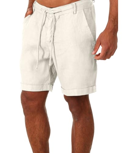 Tongmingyun Kurze Hosen Herren Leinen Bermuda Hose Casual Classic Shorts Elastische Taille Sommer Strand Leichtes Brett Slim-Fit mit Taschen Khaki L von Tongmingyun