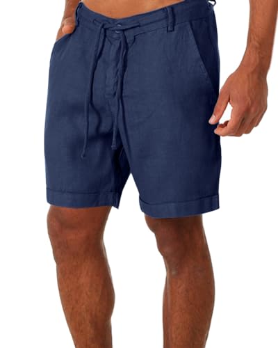 Tongmingyun Kurze Hosen Herren Leinen Bermuda Hose Casual Classic Shorts Elastische Taille Sommer Strand Leichtes Brett Slim-Fit mit Taschen Marineblau M von Tongmingyun