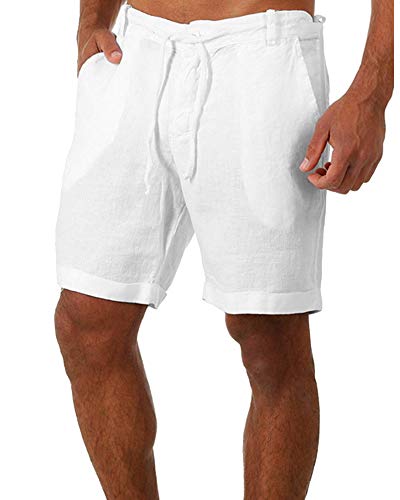 Tongmingyun Kurze Hosen Herren Leinen Bermuda Hose Casual Classic Shorts Elastische Taille Sommer Strand Leichtes Brett Slim-Fit mit Taschen Weiß S von Tongmingyun