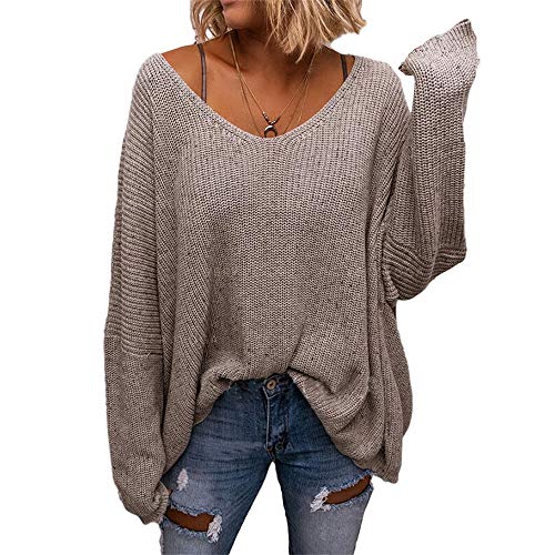 Tongmingyun Pullover Damen V-Ausschnitt Lose Sweatshirt Pullover für Damen Bluse Oberteile Jumper Bluse Langarmshirts Hemd Oversize Tops Aprikose M von Tongmingyun