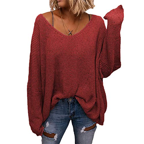 Tongmingyun Pullover Damen V-Ausschnitt Lose Sweatshirt Pullover für Damen Bluse Oberteile Jumper Bluse Langarmshirts Hemd Oversize Tops Rot M von Tongmingyun