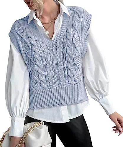 Tongmingyun Pullunder Damen Ärmellos V-Ausschnitt Strick Pullover Basic Strickweste Einfarbig Tank Top für Business Freizeit Sweater Weste Frauen Blau XXL von Tongmingyun
