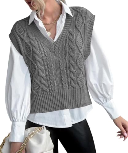 Tongmingyun Pullunder Damen Ärmellos V-Ausschnitt Strick Pullover Basic Strickweste Einfarbig Tank Top für Business Freizeit Sweater Weste Frauen Grau M von Tongmingyun