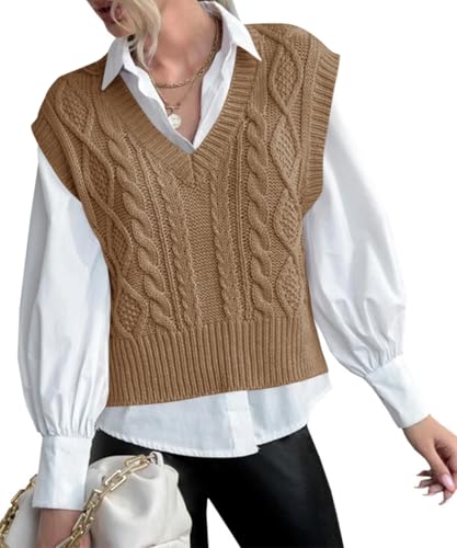 Tongmingyun Pullunder Damen Ärmellos V-Ausschnitt Strick Pullover Basic Strickweste Einfarbig Tank Top für Business Freizeit Sweater Weste Frauen Khaki M von Tongmingyun
