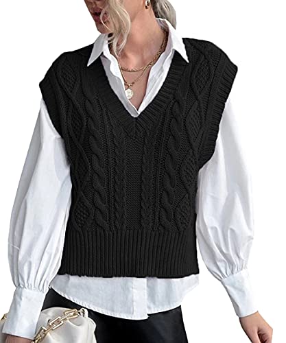 Tongmingyun Pullunder Damen Ärmellos V-Ausschnitt Strick Pullover Basic Strickweste Einfarbig Tank Top für Business Freizeit Sweater Weste Frauen Schwarz XL von Tongmingyun
