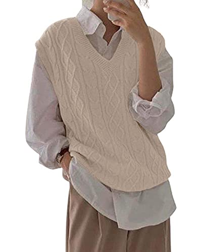 Tongmingyun Pullunder Damen Ärmellos V-Ausschnitt Strickweste Oversize Pullover Strickpullover Strickpulli Casual Damen Herbst Pullover Mode Feinstrick Strickweste Beige L von Tongmingyun