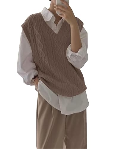 Tongmingyun Pullunder Damen Ärmellos V-Ausschnitt Strickweste Oversize Pullover Strickpullover Strickpulli Casual Damen Herbst Pullover Mode Feinstrick Strickweste Hellbraun S Tongmingyun Pullunder Damen Ärmellos V-Ausschnitt Strickweste Oversize Pullover Strickpullover Strickpulli Casual Damen Herbst Pullover Mode Feinstrick Strickweste Hellbraun S von Tongmingyun