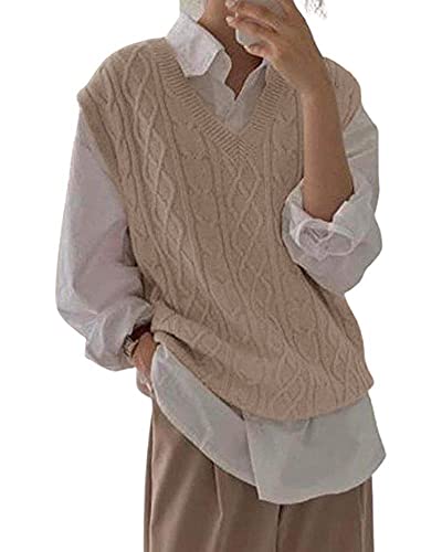 Tongmingyun Pullunder Damen Ärmellos V-Ausschnitt Strickweste Oversize Pullover Strickpullover Strickpulli Casual Damen Herbst Pullover Mode Feinstrick Strickweste Khaki M von Tongmingyun