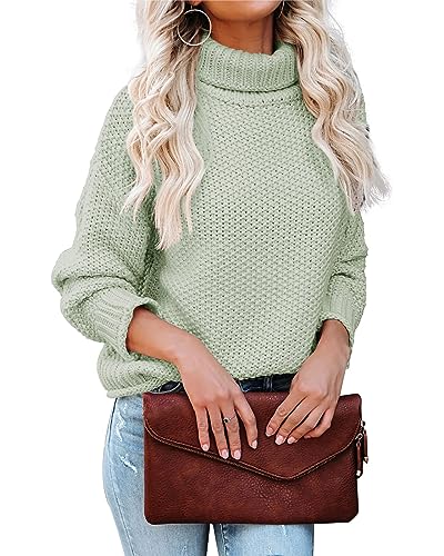 Tongmingyun Rollkragenpullover Damen Pullover Strickpullover Basic Fledermausärmel Elegant Sweater Lose Chunky Pulli Winter Oberteile für Herbst Winter Hellgrün L von Tongmingyun