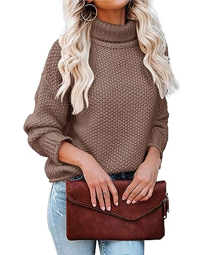 Tongmingyun Rollkragenpullover Damen Pullover Strickpullover Basic Fledermausärmel Elegant Sweater Lose Chunky Pulli Winter Oberteile für Herbst Winter Kamel L von Tongmingyun