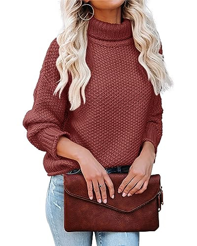 Tongmingyun Rollkragenpullover Damen Pullover Strickpullover Basic Fledermausärmel Elegant Sweater Lose Chunky Pulli Winter Oberteile für Herbst Winter Rot S von Tongmingyun