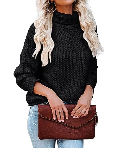 Tongmingyun Rollkragenpullover Damen Pullover Strickpullover Basic Fledermausärmel Elegant Sweater Lose Chunky Pulli Winter Oberteile für Herbst Winter Schwarz L von Tongmingyun