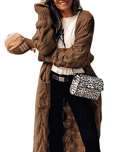 Tongmingyun Strickjacke Damen Lang Cardigan Grobstrick Langärmelige Strickmantel Damen Warm Elegant Open Front Sweater Winter Braun XL von Tongmingyun