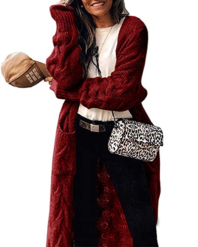 Tongmingyun Strickjacke Damen Lang Cardigan Grobstrick Langärmelige Strickmantel Damen Warm Elegant Open Front Sweater Winter Burgunderrot S von Tongmingyun