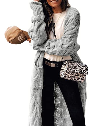 Tongmingyun Strickjacke Damen Lang Cardigan Grobstrick Langärmelige Strickmantel Damen Warm Elegant Open Front Sweater Winter Grau M von Tongmingyun
