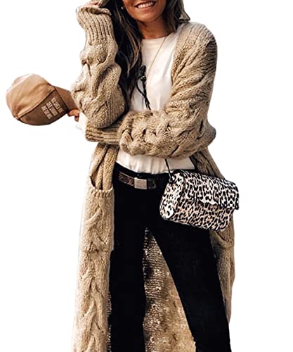 Tongmingyun Strickjacke Damen Lang Cardigan Grobstrick Langärmelige Strickmantel Damen Warm Elegant Open Front Sweater Winter Khaki M von Tongmingyun