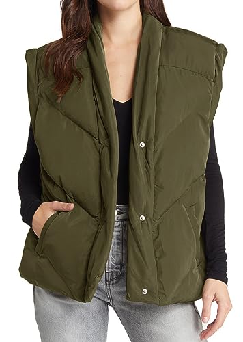 Tongmingyun Weste Damen Steppweste Leicht Ärmellose Warme Westen ohne Kapuze Frauen V-Ausschnitt Casual Outdoor Gilet Jacke mit Taschen Daunenweste Winter Vest Armeegrün L von Tongmingyun