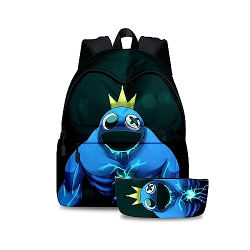 2Stück Rainbow Friends Rucksack und Federtasche Set, Blauer Regenbogen Jungen Cartoon 3D gedruckt Student Schulranzen Laptop Daypack für Jungen Mädchen, Typ 6, 40 * 30 * 17cm von Tongyundacheng