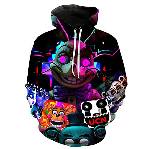 FNAF Kinder Erwachsenen-Hoodie 3D-gedruckter Nightmare Foxy Bonnie Fazbear Pullover Sweatshirt Five Nights Comic Print Drawstring Hoodies von Tongyundacheng