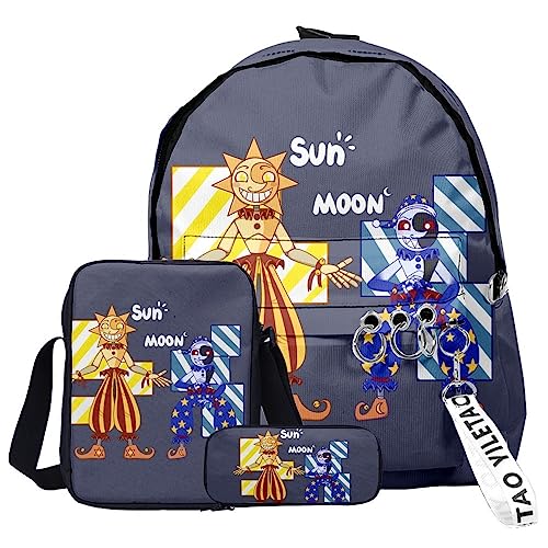 Tongyundacheng FNAF Rucksack 3 Stück Set Sonne und Mond 3D Gedruckt Cartoon Schultasche Umhängetasche Federmäppchen Set Mode Daypack für Jungen Mädchen, Typ 2, 40x29x12cm(backpack) von Tongyundacheng