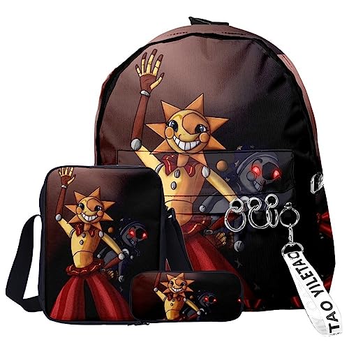 Tongyundacheng FNAF Rucksack 3 Stück Set Sonne und Mond 3D Gedruckt Cartoon Schultasche Umhängetasche Federmäppchen Set Mode Daypack für Jungen Mädchen, Typ 9, 40x29x12cm(backpack) von Tongyundacheng