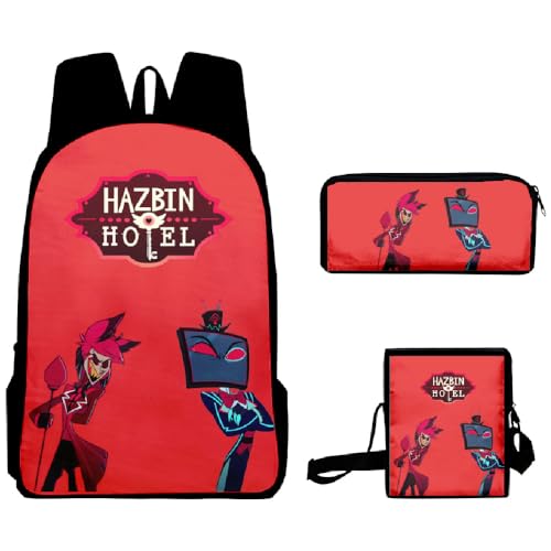 Tongyundacheng Hazbin Hotel Schulrucksack Angel Dust Alastor Charlie Anime Schultaschen Umhängetasche Federmäppchen 3-teiliges Set Cartoon Student Reiserucksack für Jungen Mädchen, Typ 12, von Tongyundacheng