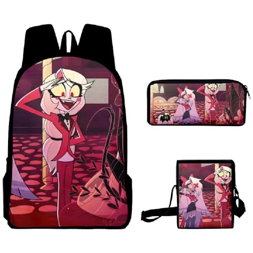 Tongyundacheng Hazbin Hotel Schulrucksack Angel Dust Alastor Charlie Anime Schultaschen Umhängetasche Federmäppchen 3-teiliges Set Cartoon Student Reiserucksack für Jungen Mädchen, Typ 8, von Tongyundacheng